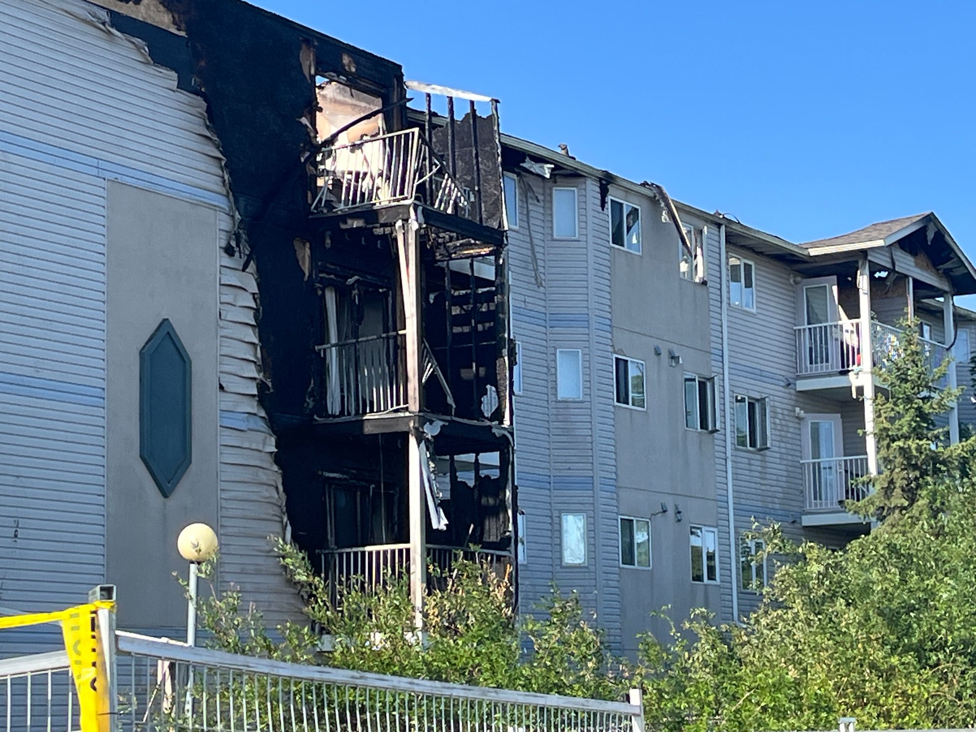 Margaret Edgson Manor on June 9, 2025, its upper floors charred by the fire